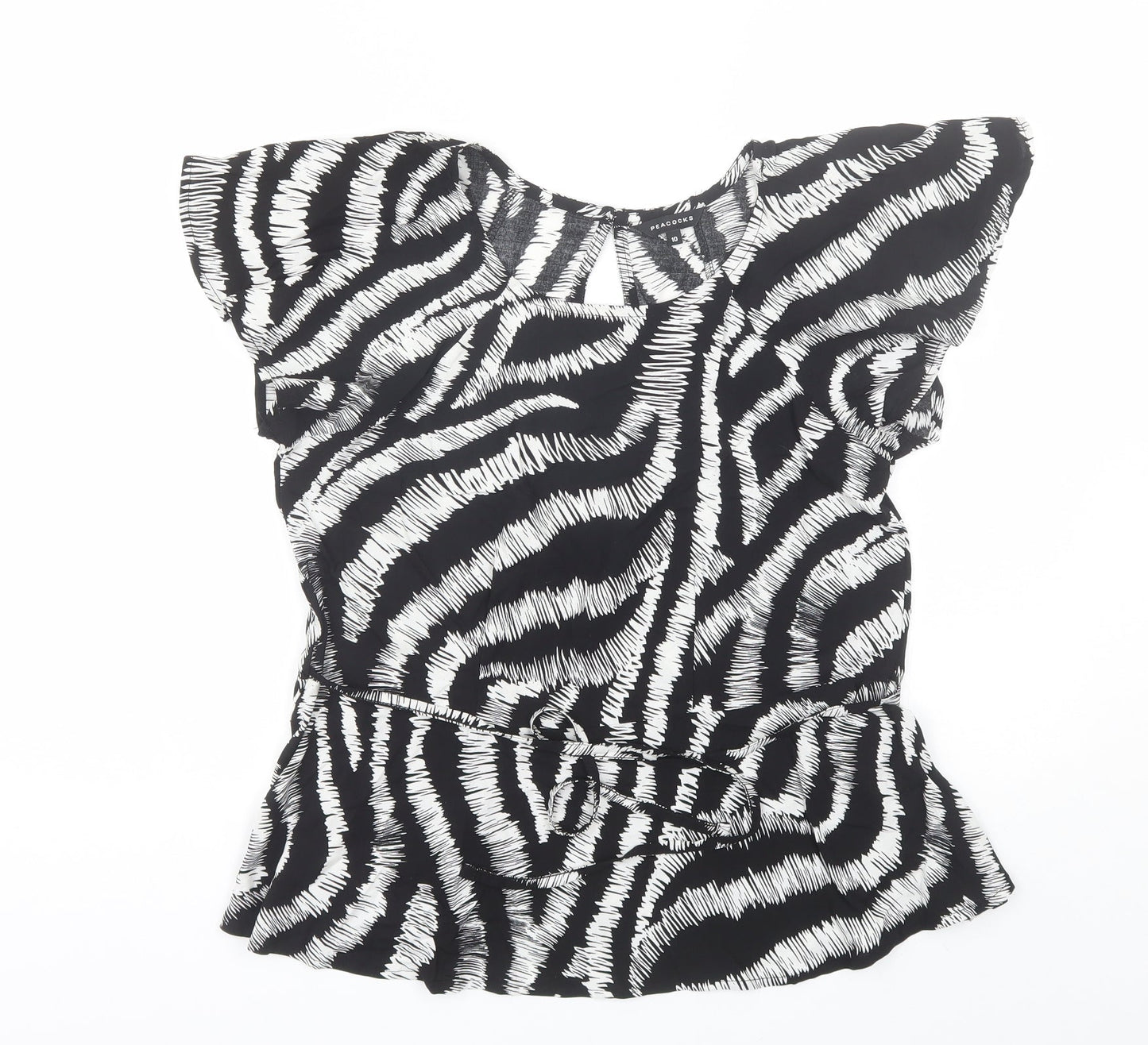 Peacocks Womens Black Animal Print Viscose Basic Blouse Size 10 Round Neck