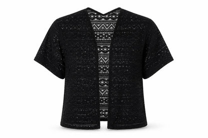 Preworn Womens Black Geometric Viscose Basic Blouse Size 6 V-Neck - Overshirt Jacket