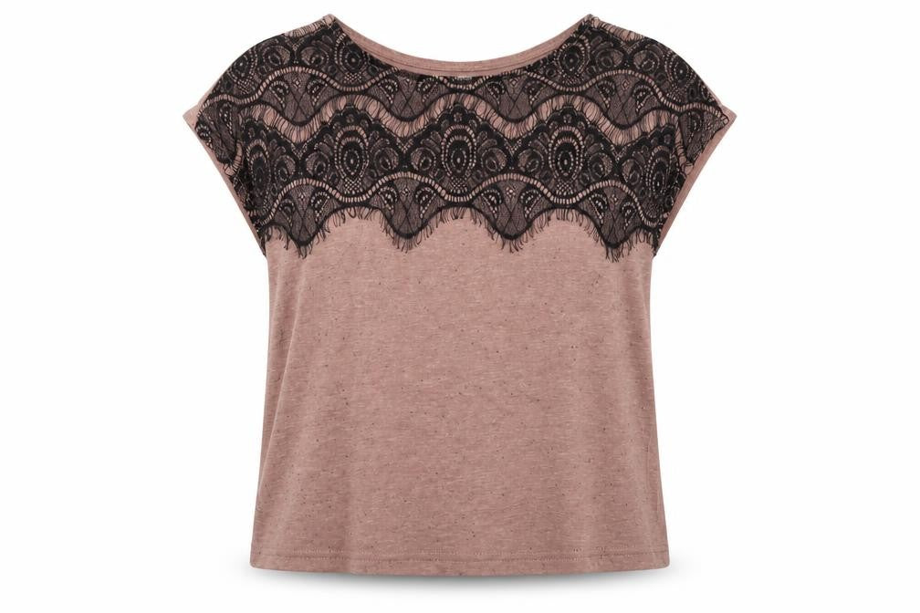 Glamorous Womens Beige  Polyester Basic Blouse Size 6 Crew Neck - Lace Detail