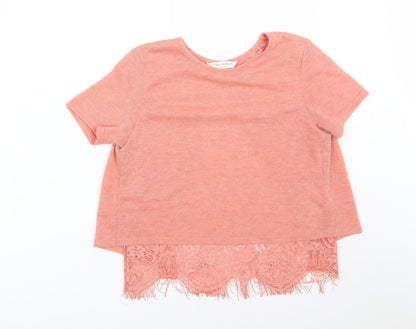 Miss Selfridge Womens Pink Floral Polyester Basic T-Shirt Size 6 Round Neck