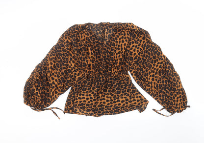 Boohoo Womens Brown Animal Print Polyester Basic Blouse Size 8 Round Neck