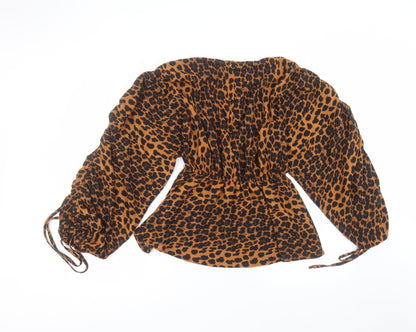 Boohoo Womens Brown Animal Print Polyester Basic Blouse Size 8 Round Neck