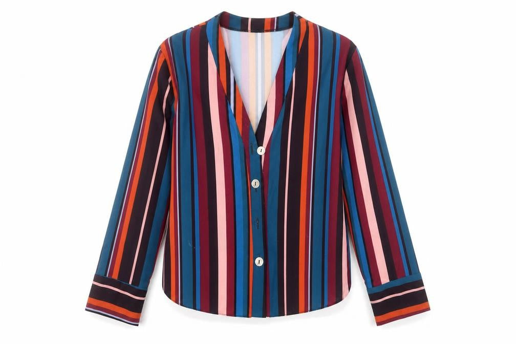 New Look Womens Red Striped Polyester Basic Button-Up Size 10 V-Neck