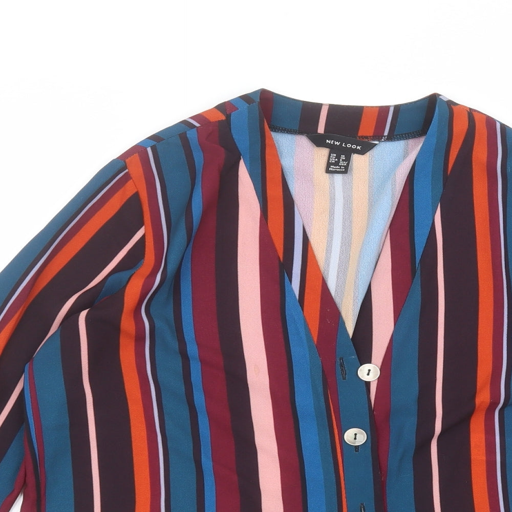 New Look Womens Red Striped Polyester Basic Button-Up Size 10 V-Neck