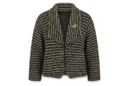 Peter Luft Womens Green Striped  Jacket Coatigan Size M   - Metal Broach Green Black Mix