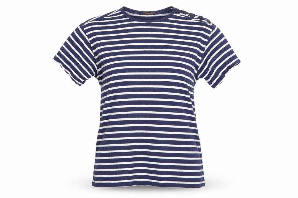 POP Womens Blue Striped  Basic T-Shirt Size S Round Neck - Buttons on one shoulder