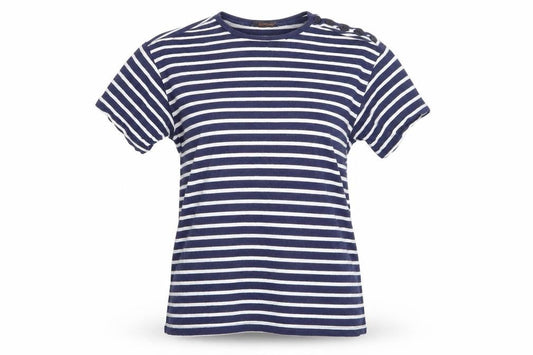 POP Womens Blue Striped  Basic T-Shirt Size S Round Neck - Buttons on one shoulder