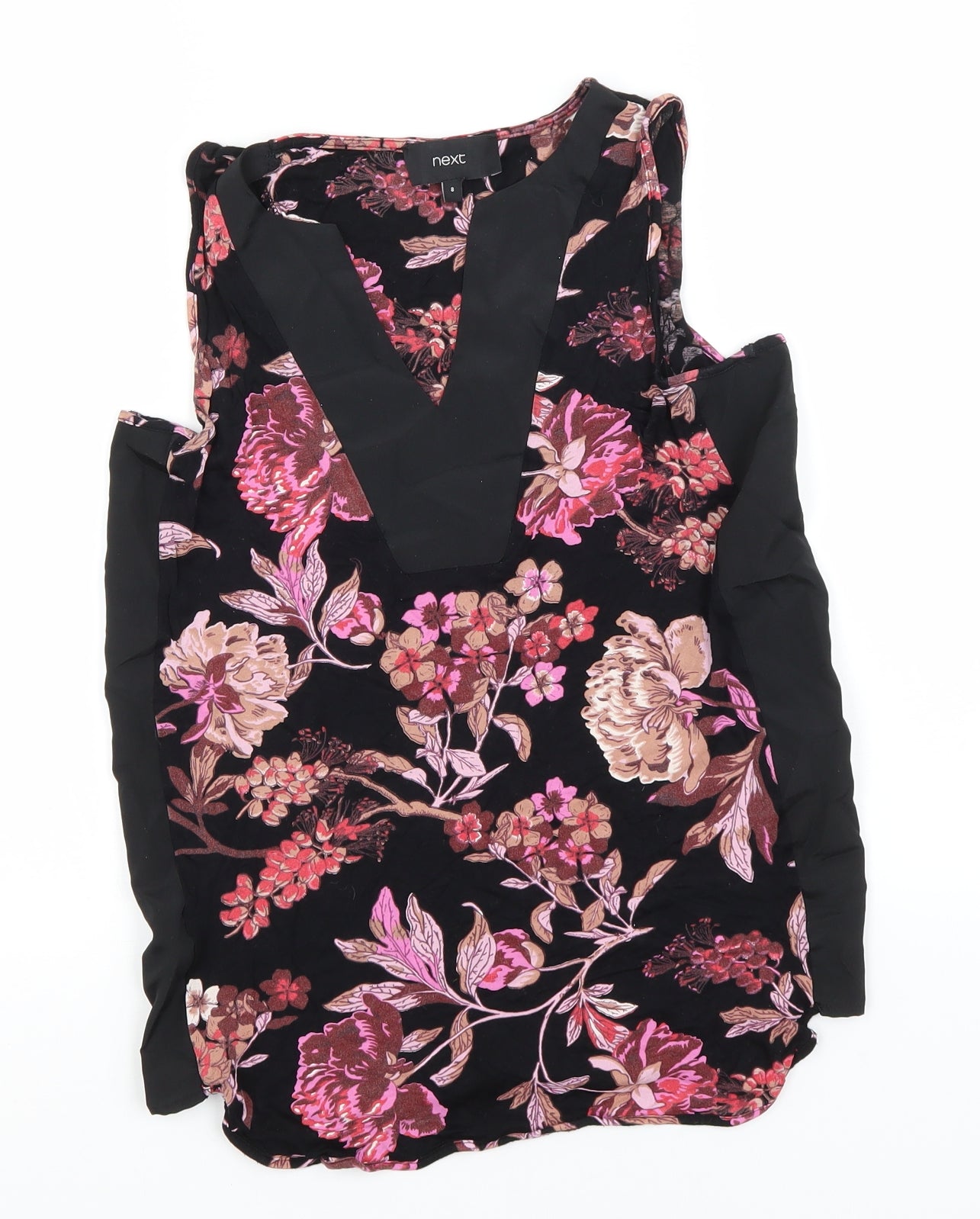NEXT Womens Black Floral Viscose Basic T-Shirt Size 8 V-Neck