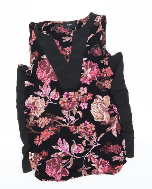 NEXT Womens Black Floral Viscose Basic T-Shirt Size 8 V-Neck