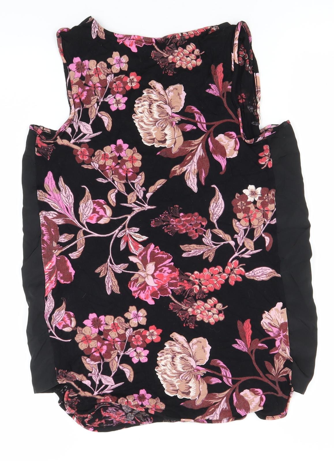 NEXT Womens Black Floral Viscose Basic T-Shirt Size 8 V-Neck