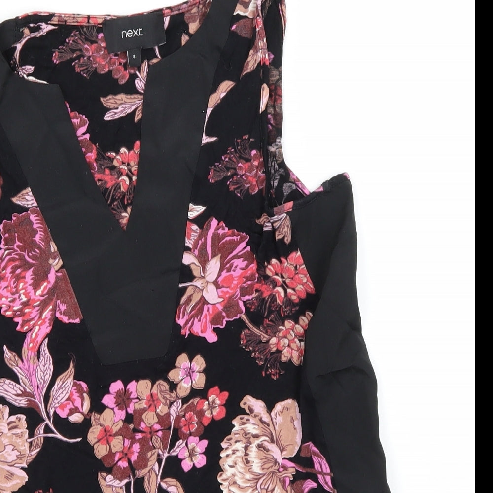 NEXT Womens Black Floral Viscose Basic T-Shirt Size 8 V-Neck