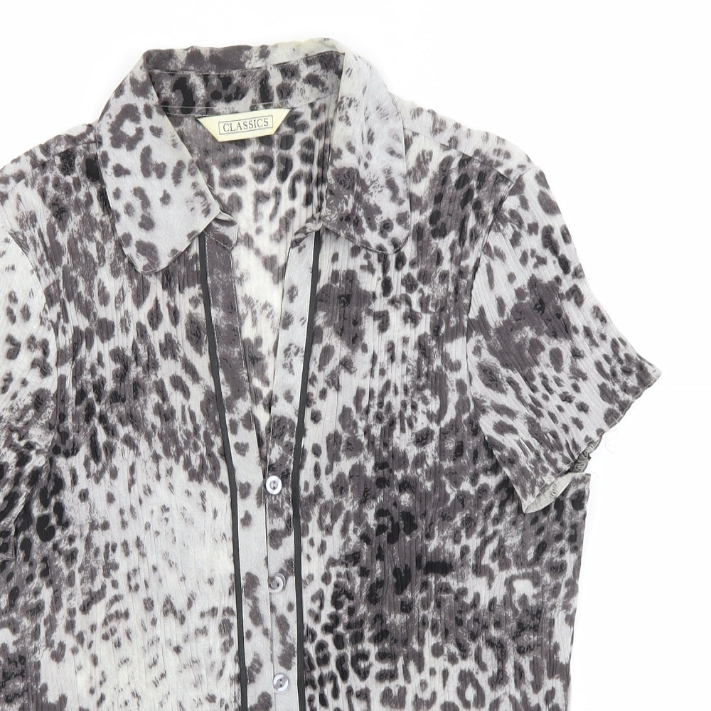 BHS Womens Grey Animal Print Polyester Basic Button-Up Size 14 Collared