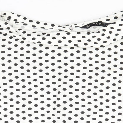 Zara Womens White Polka Dot Cotton Basic Button-Up Size S Round Neck