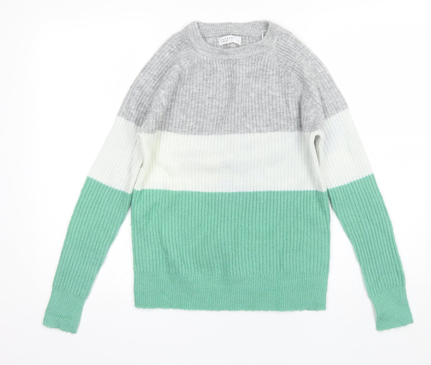 Papaya Womens Green Round Neck Striped Acrylic Pullover Jumper Size S