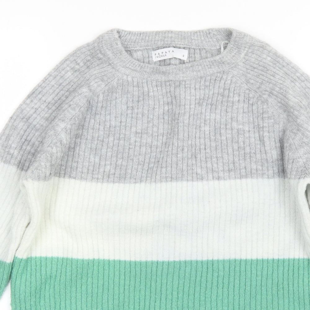 Papaya Womens Green Round Neck Striped Acrylic Pullover Jumper Size S