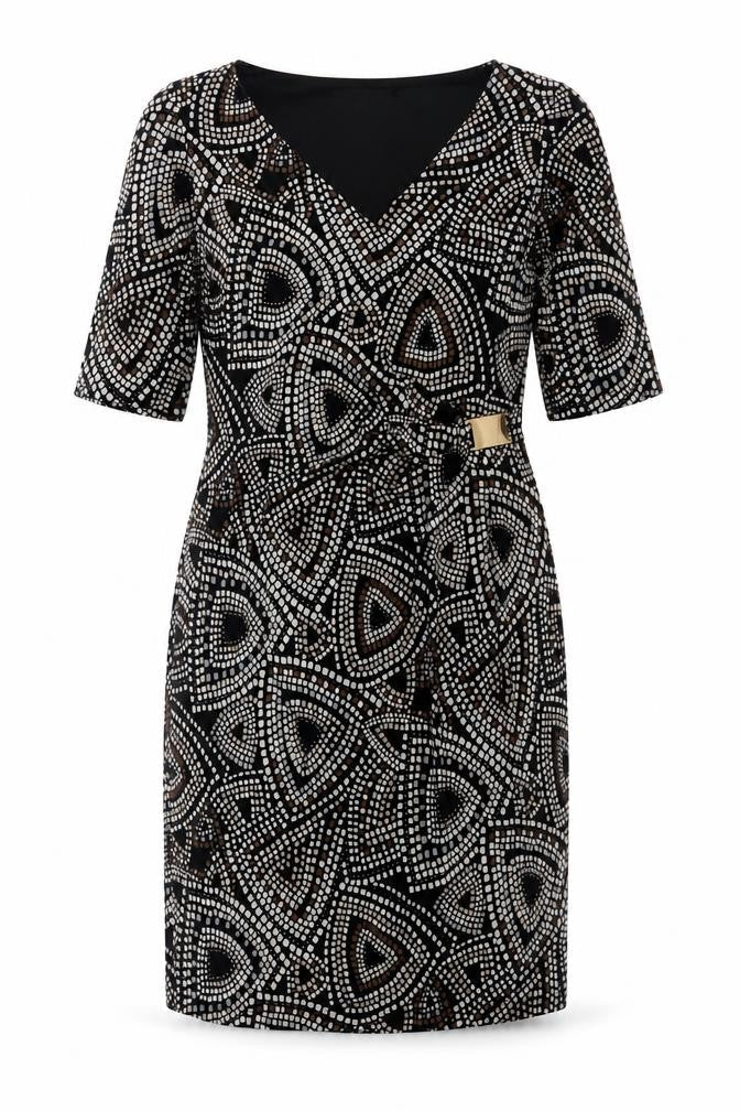 Cleo Womens Black Geometric Polyester A-Line  Size 10  V-Neck