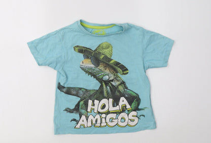 Preloved Blue Zoo  Boys Blue  Cotton Basic T-Shirt Size 4-5 Years Crew Neck  - Lizard - Front