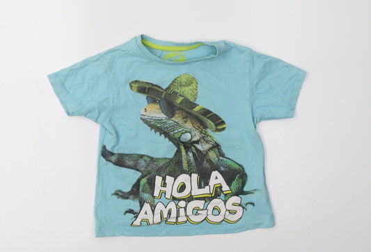 Blue Zoo  Boys Blue  Cotton Basic T-Shirt Size 4-5 Years Crew Neck  - Lizard