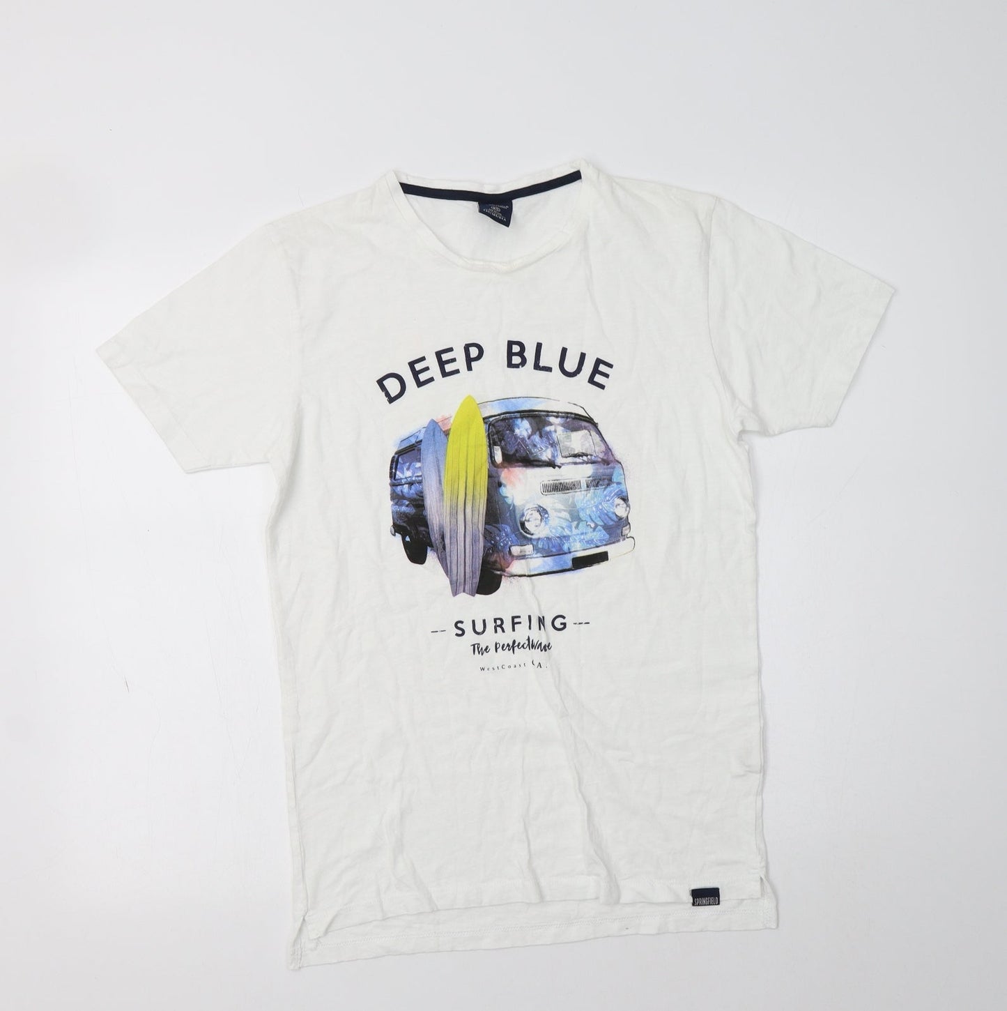Springfield Womens White  Cotton Basic T-Shirt Size XS Crew Neck - Deep Blue
