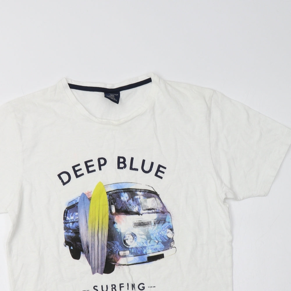Springfield Womens White  Cotton Basic T-Shirt Size XS Crew Neck - Deep Blue