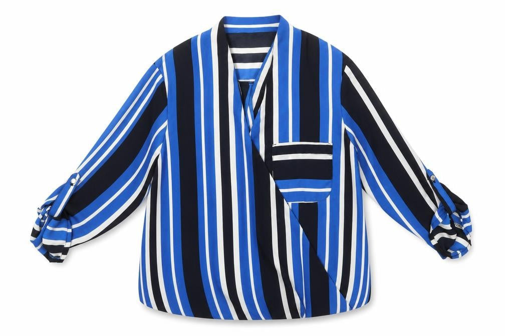Papaya Womens Blue Striped Polyester Basic Blouse Size 8 Round Neck