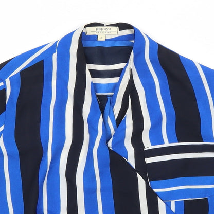 Papaya Womens Blue Striped Polyester Basic Blouse Size 8 Round Neck