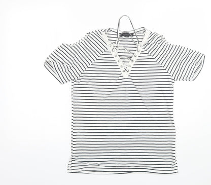 Atmosphere Womens White Striped Polyester Basic T-Shirt Size 6 V-Neck
