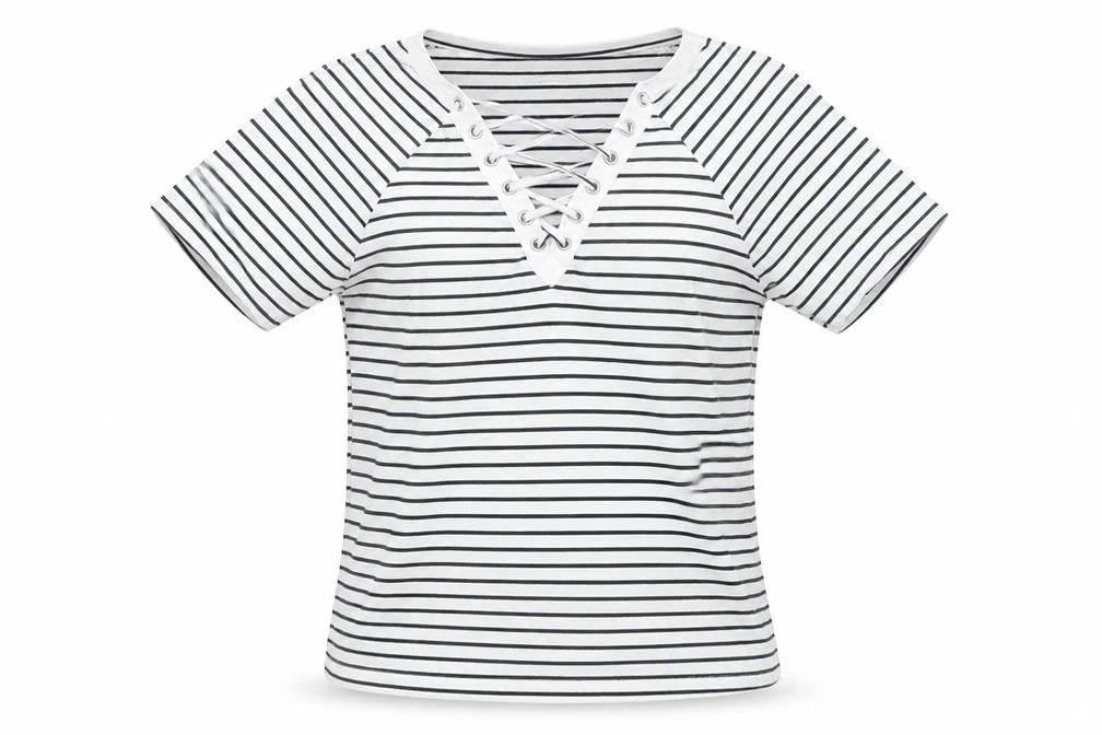 Atmosphere Womens White Striped Polyester Basic T-Shirt Size 6 V-Neck
