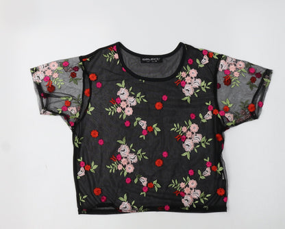 Preloved Select Womens Black Floral Polyester Cropped T-Shirt Size 8 Crew Neck - Front