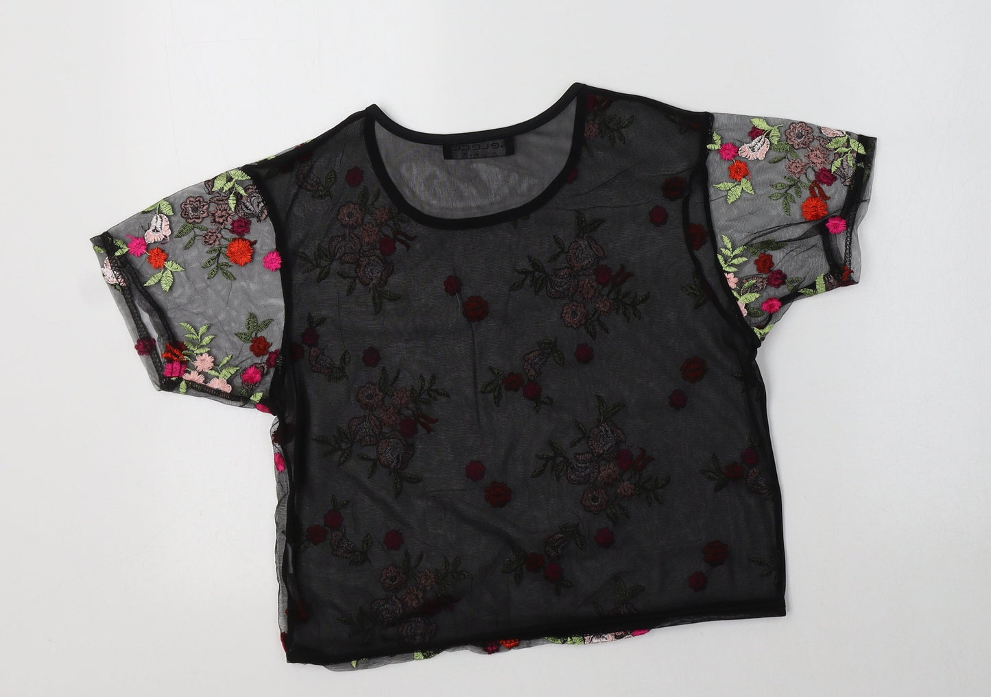 Select Womens Black Floral Polyester Cropped T-Shirt Size 8 Crew Neck