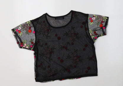 Preloved Select Womens Black Floral Polyester Cropped T-Shirt Size 8 Crew Neck - Back