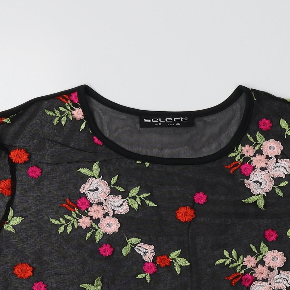 Select Womens Black Floral Polyester Cropped T-Shirt Size 8 Crew Neck