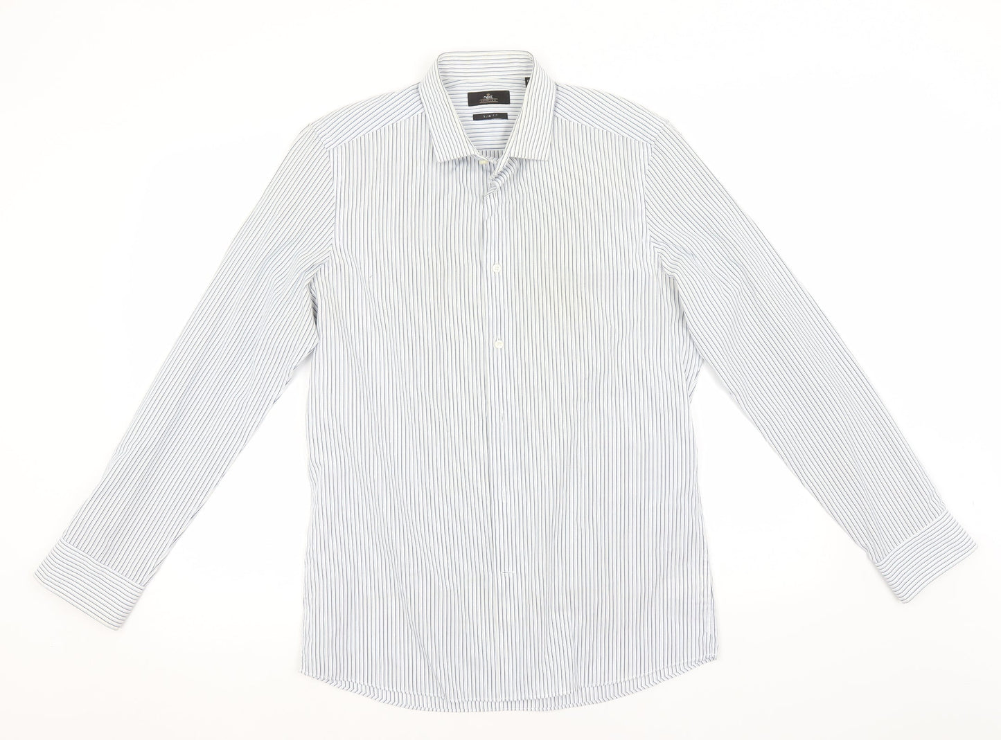 NEXT Mens Blue Striped Polyester  Button-Up Size 15.5 Collared
