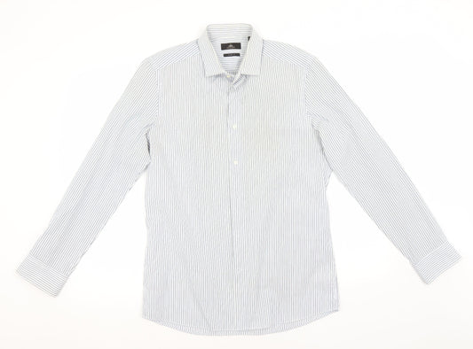 NEXT Mens Blue Striped Polyester  Button-Up Size 15.5 Collared