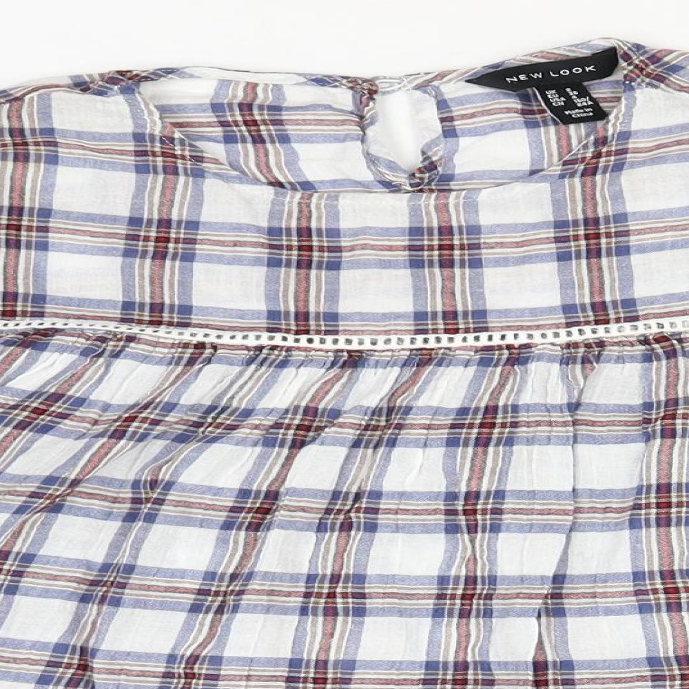 New Look Womens Blue Plaid Cotton Basic T-Shirt Size 8 Round Neck