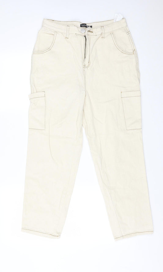 Preloved Boohoo Womens Ivory  Cotton Straight Jeans Size 12 L25 in Regular - Front