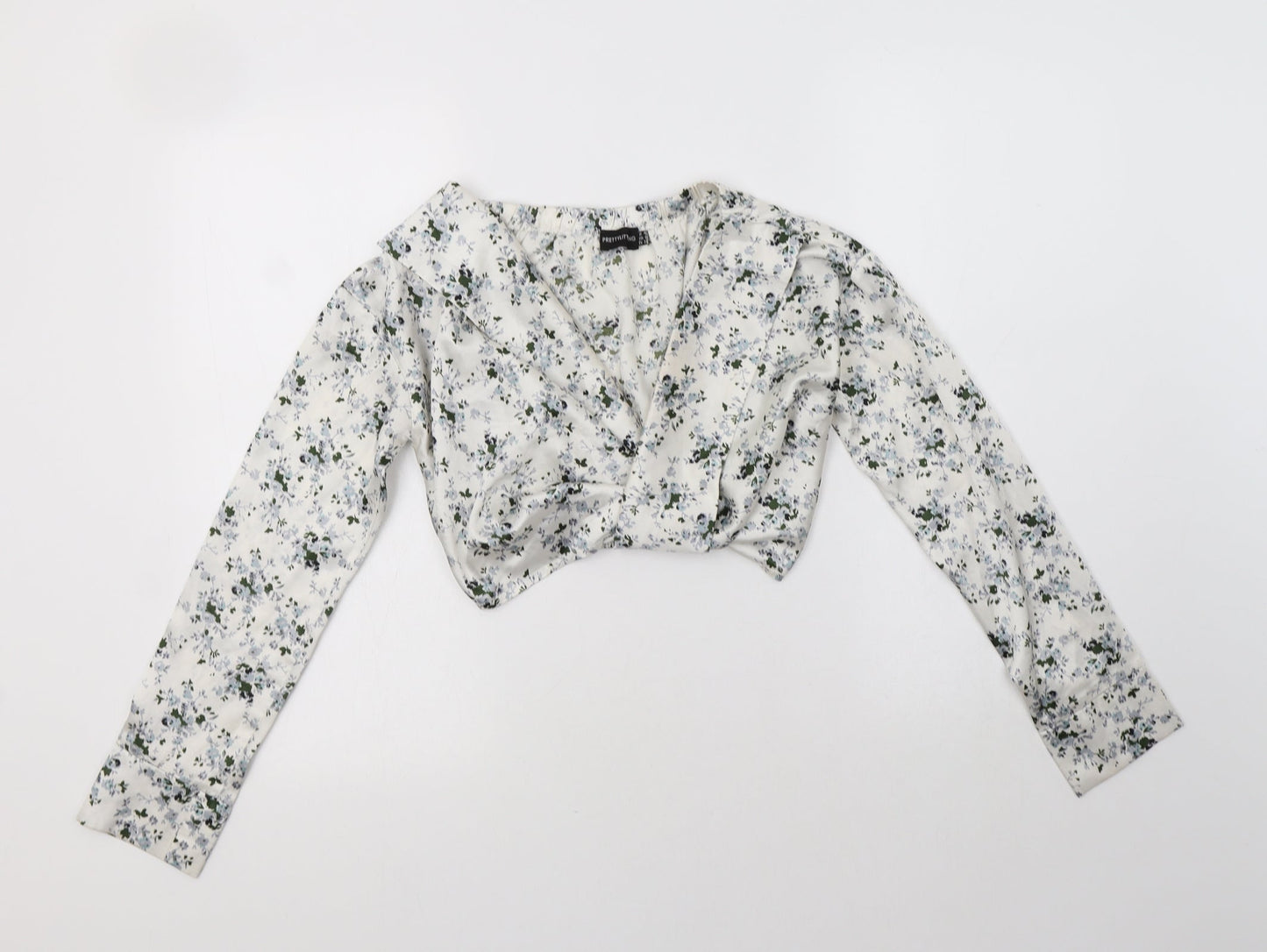 PRETTYLITTLETHING Womens White Floral Polyester Cropped Blouse Size 4 V-Neck