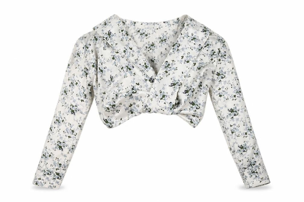 PRETTYLITTLETHING Womens White Floral Polyester Cropped Blouse Size 4 V-Neck