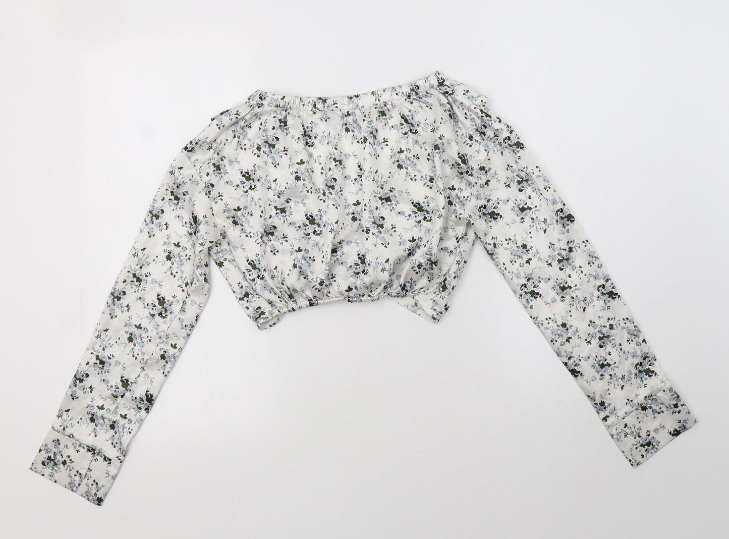 PRETTYLITTLETHING Womens White Floral Polyester Cropped Blouse Size 4 V-Neck