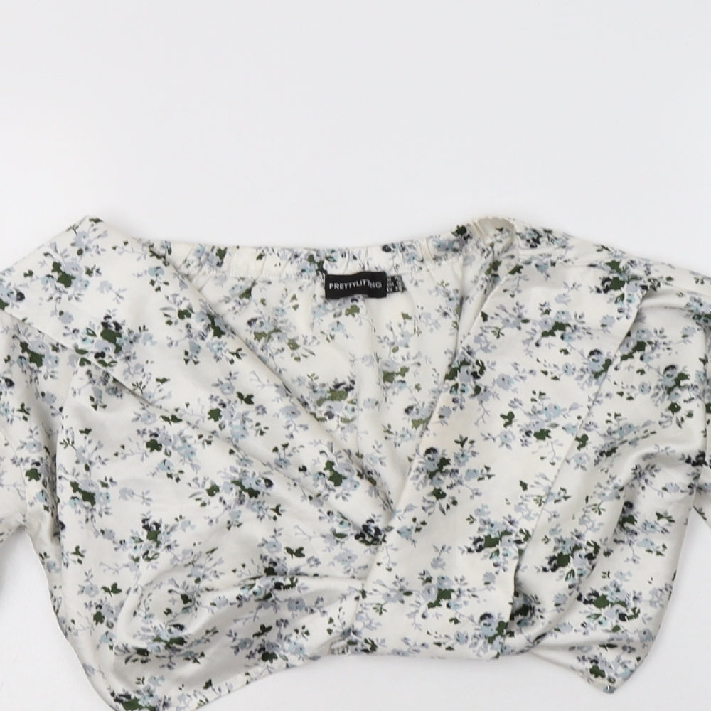 PRETTYLITTLETHING Womens White Floral Polyester Cropped Blouse Size 4 V-Neck