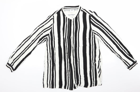 Mama Licious Womens Black Striped Viscose Tunic Button-Up Size L High Neck - Vertical Black & White Stripes Mandarin type collar Concealed buttons