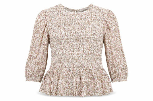 Tu Womens Ivory Floral Viscose Tunic Blouse Size 10 Round Neck - Pink Taupe Beige Flowers Elasticated Bodice