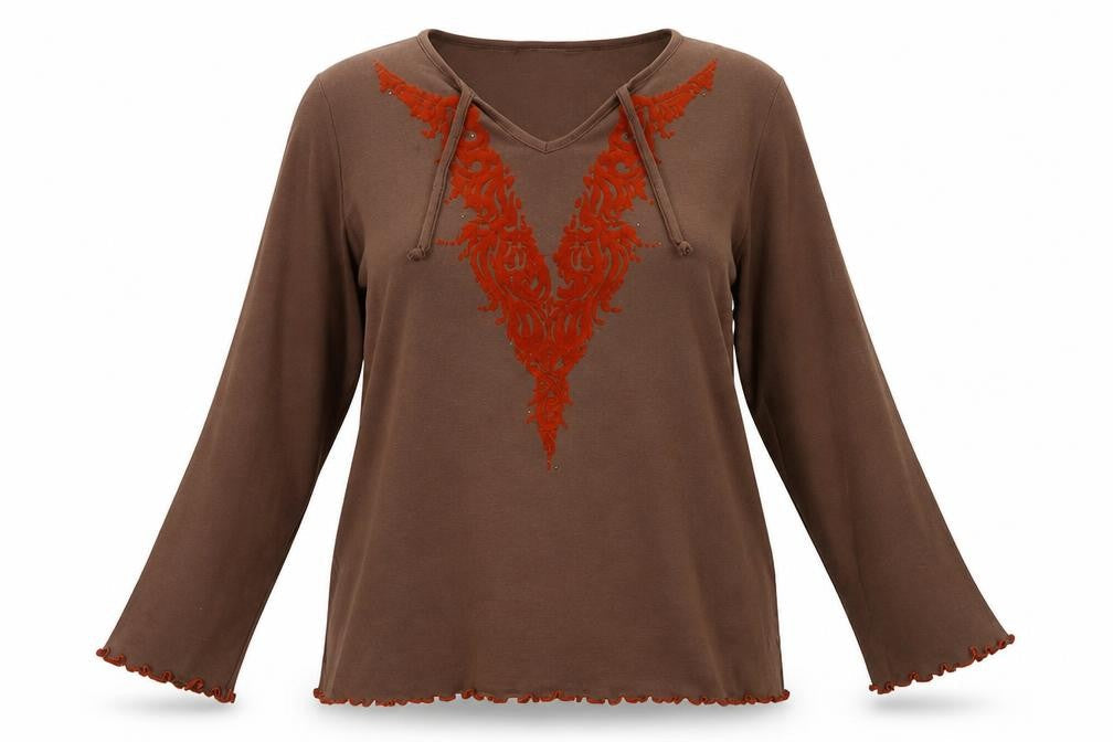 Marks & Spencer Womens Brown  Cotton Basic Blouse Size 2XL Round Neck - Frill Detail Bohemian