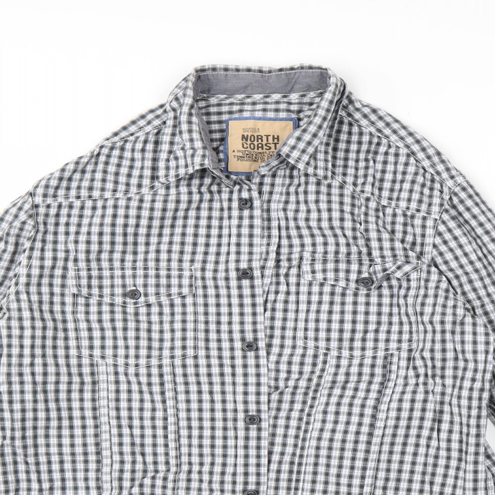 M&S Mens Grey Check Cotton  Button-Up Size M Collared Button