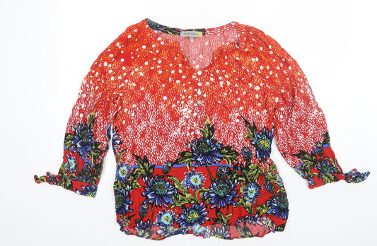 Preloved Figuerca & Flower Womens Orange Floral  Basic Blouse Size XL V-Neck - Front
