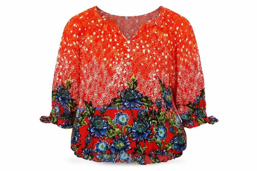 Figuerca & Flower Womens Orange Floral  Basic Blouse Size XL V-Neck