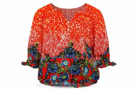 Figuerca & Flower Womens Orange Floral  Basic Blouse Size XL V-Neck