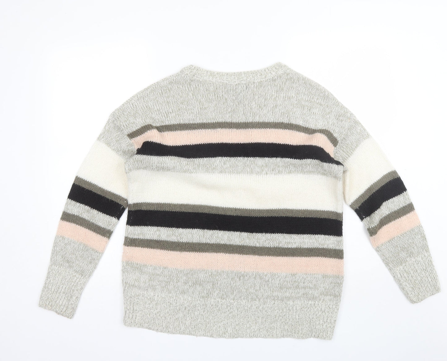 New Look Womens Grey Round Neck Striped Acrylic Pullover Jumper Size M