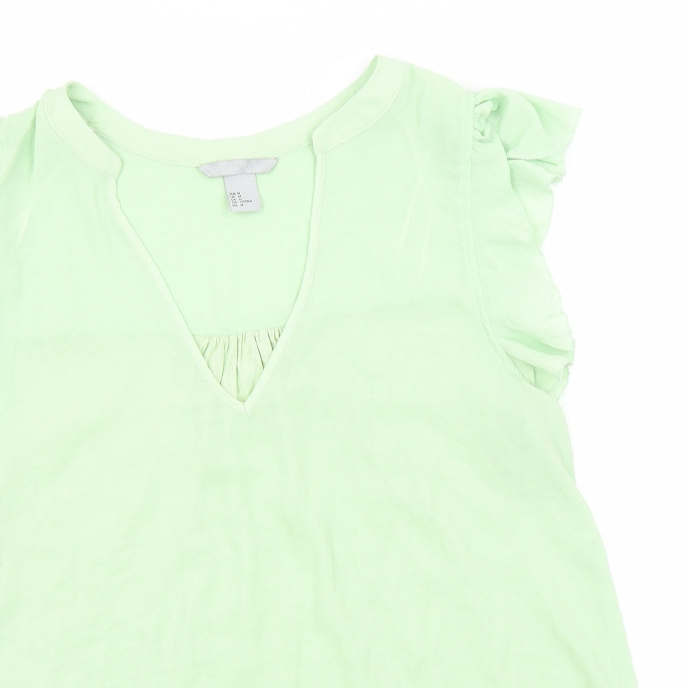 H&M Womens Green  Polyester Basic T-Shirt Size M V-Neck