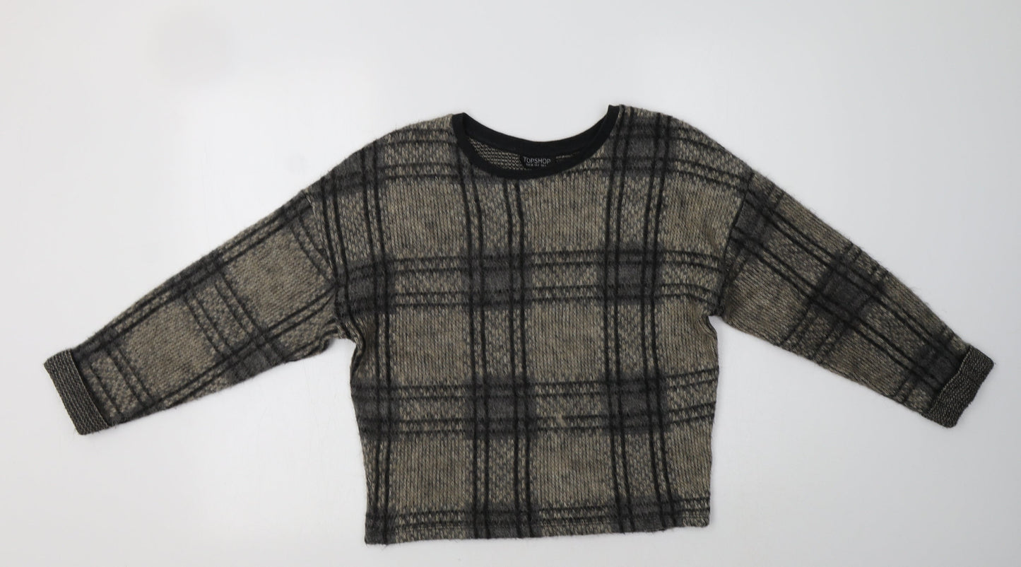 Topshop Womens Beige Crew Neck Check Acrylic Pullover Jumper Size 6